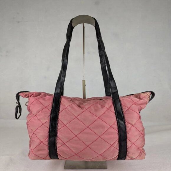 Authentic PRADA triangle logo plate Logo Quilted Bicolor Shoulder Bag Tote Bag - Picture 1 of 14